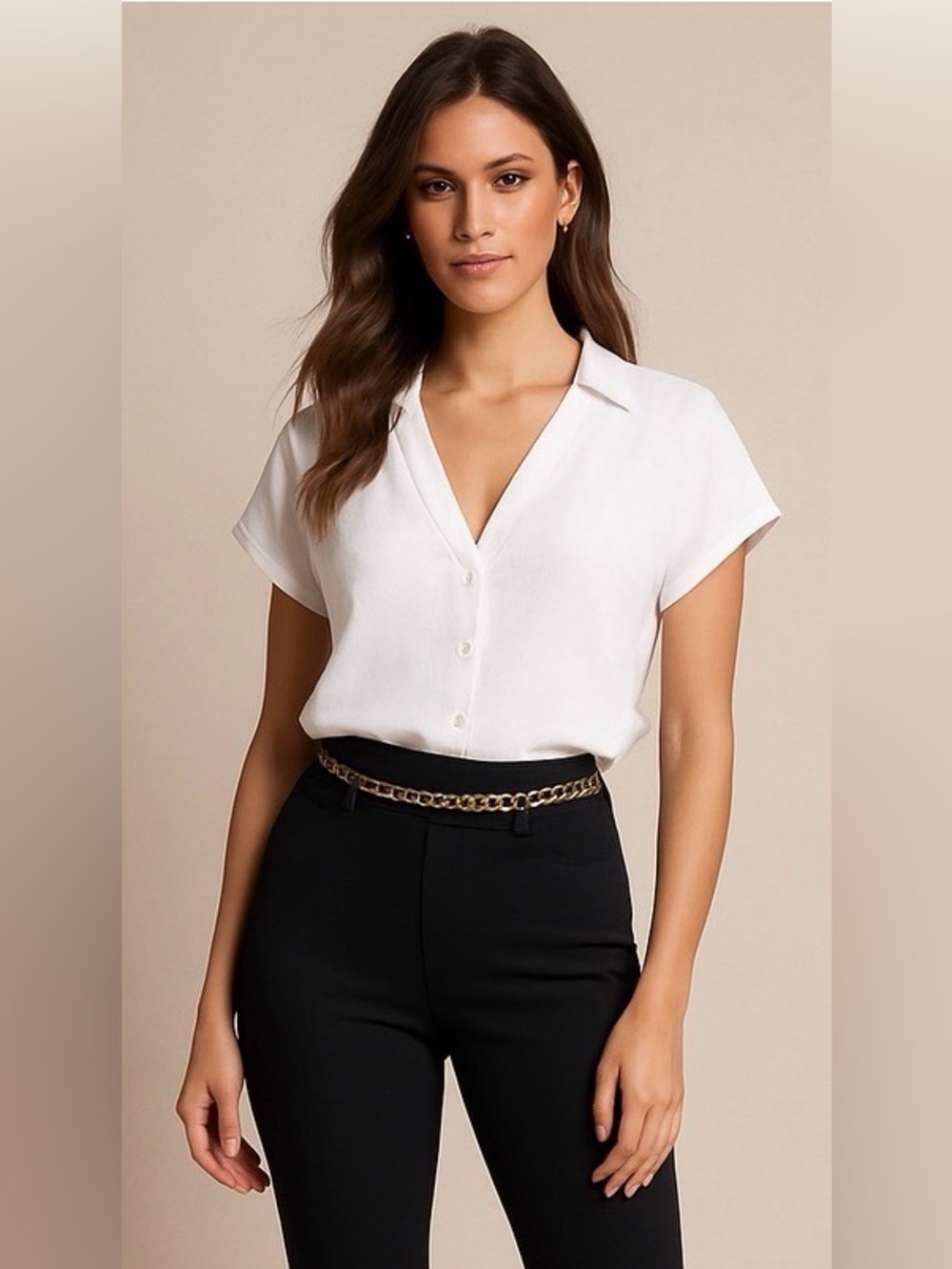 Forever 21 White Button Up V-Neck Cropped Blouse Size Medium